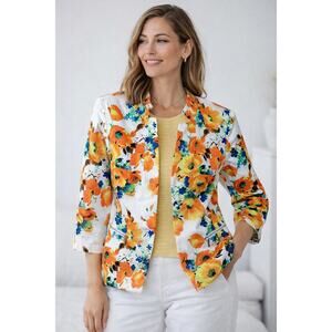 St. John Floral Jacket Blazer, Bright White/Citron Multi, Size 2